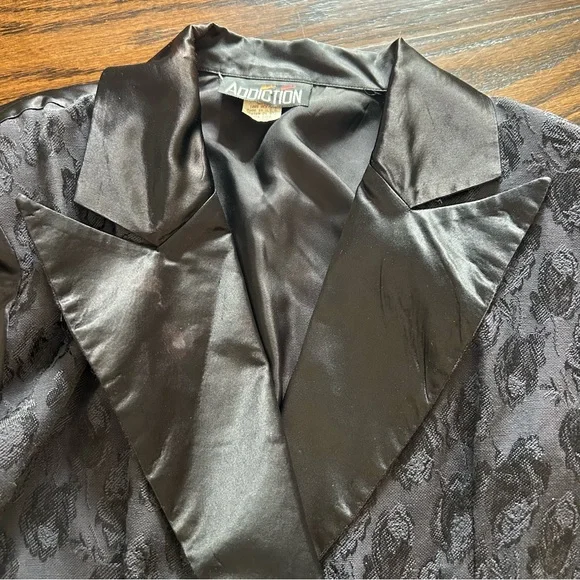Vintage 90s Addiction Black Jacquard Satin Blazer Size Medium - Picture 2 of 16